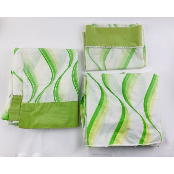 Vintage 1970s Dan River Percale Tranquale Green Wavy Sheet Set Flat Pillowcase - Picture 10 of 10